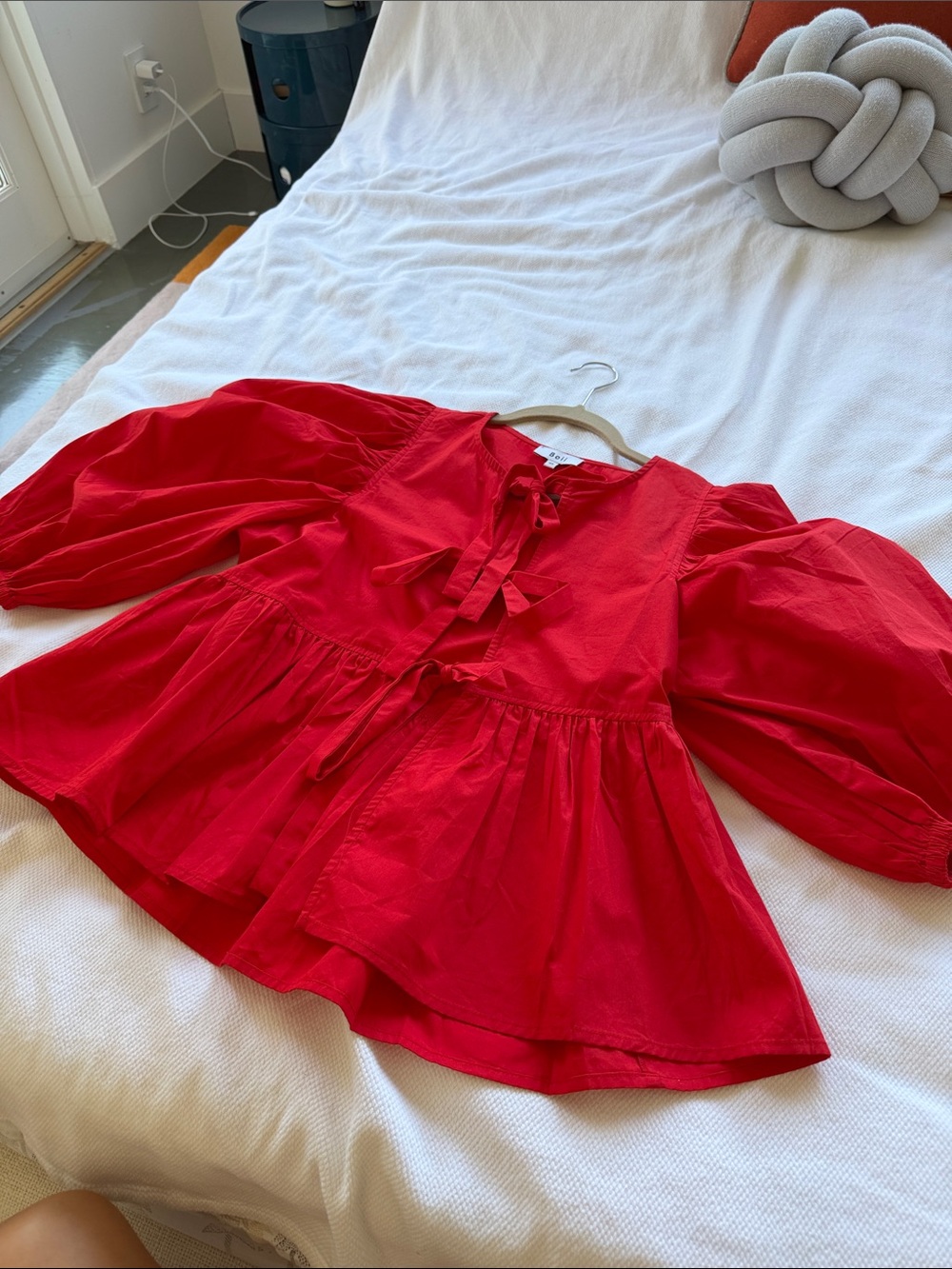 Women’s Red Puff-Sleeve Peplum Blouse with Tie Front